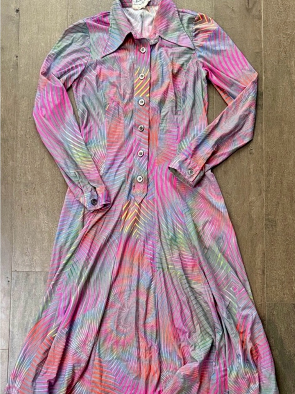 Vintage Nouvelle Vague Italy Psychedelic Maxi Shirt Dress XS S 70s